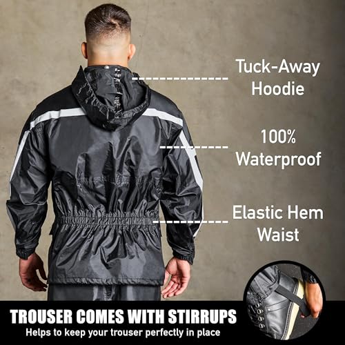 Waterproof Motorcycle Rain Suit, 2-Piece Reflective Gear, Lightweight Riding Jacket & Pants, Protective Raincoat with Hoodie - color: Black, size: XS- S