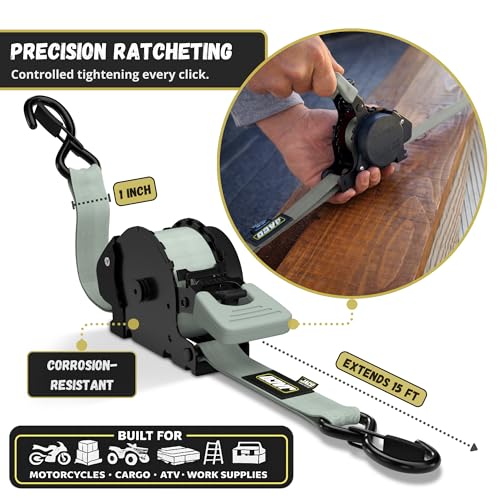 JACO Retractable Ratchet Straps - 1 in x 15 ft (2-Pack) (1,760lbs Break Strength) | Auto Self Retracting Cargo Tie Down Strap Set (Gray) - color: Gray, size: 2-Pack
