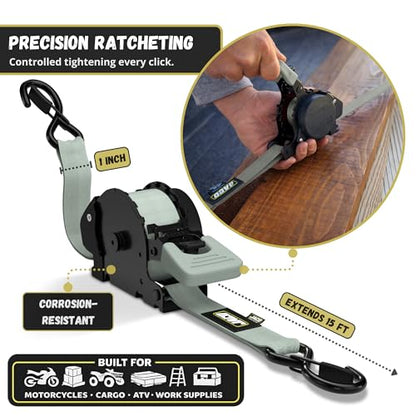 JACO Retractable Ratchet Straps - 1 in x 15 ft (2-Pack) (1,760lbs Break Strength) | Auto Self Retracting Cargo Tie Down Strap Set (Gray) - color: Gray, size: 2-Pack