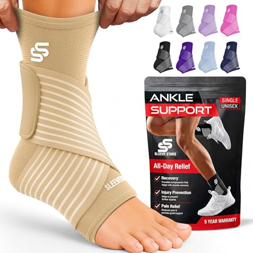 Sleeve Stars Ankle Brace for Women & Men, Ankle Wrap for Sprained Ankle, Compression Sleeve for Plantar Fasciitis Relief, Easy Customizable Support: w/Removable Strap (Single/S:9"-10"/Beige) - color: Beige, size: Small