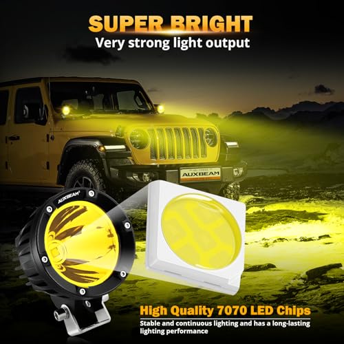 Auxbeam C4 Series LED Pods 4In 72W Amber Fog Light, Round Spot Offroad Light, 2PCS 7200LM Amber Light Pod with Wiring Harness Kit, Driving Light Yellow Ditch Light for Jeep Motor SUV ATV UTV Wrangler - color: Amber Led Offroad Light