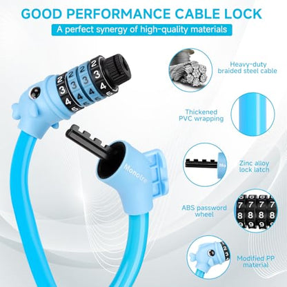 Bike Lock, 3.9 Feet 4-Digit Resettable Combination Password Anti-Theft Cable Lock, Cute Coiled Bike Lock with Mounting Bracket, Suitable for Bicycles, Electric Scooters, Ebikes (Blue-10mm) - color: Blue-10mm