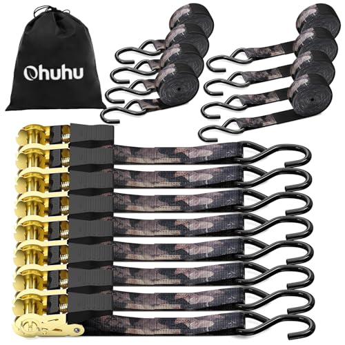 Ratchet Tie Down Strap 8-Pack 15 FT - 500 lbs Load Cap with 1500 lbs Breaking Strength Limit, Ohuhu Ratchet Tie Down Logistic Cargo Straps for Moving Appliances Cargo Motorcycle Lawn Equipment - color: Forest Camouflage, size: 8-Pack