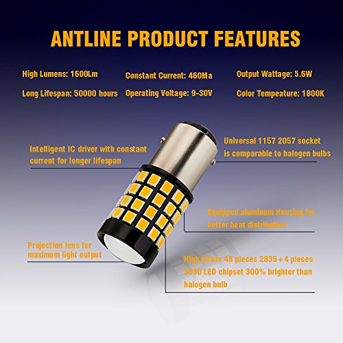 Antline 1157 LED Bulb Amber Yellow (2 Pack), 9-30V Super Bright 1600 Lumens 2057 2357 7528 1157NA 52-SMD LED Lamps with Projector for Replacement, Work as Turn Signal Blinker Lights - color: Amber Yellow