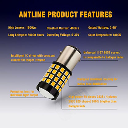 Antline 1157 LED Bulb Amber Yellow (2 Pack), 9-30V Super Bright 1600 Lumens 2057 2357 7528 1157NA 52-SMD LED Lamps with Projector for Replacement, Work as Turn Signal Blinker Lights - color: Amber Yellow