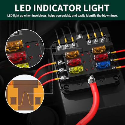 DaierTek 12V Fuse Block 6 Way 12 Volt Fuse Box ATO/ATC Marine Fuse Panel with LED Indicator Light Waterproof 24V for Automotive Boat Car Truck - size: 6 Way