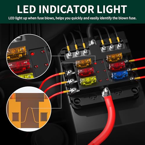 DaierTek 12V Fuse Block 6 Way 12 Volt Fuse Box ATO/ATC Marine Fuse Panel with LED Indicator Light Waterproof 24V for Automotive Boat Car Truck - size: 6 Way