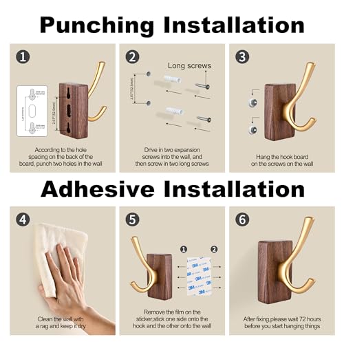 4 Pack Walnut Wood Wall Coat Hooks for Hanging, Adhesive Mounted & Wall Mount Heavy Duty Wooden Double Hook Hanger for Towel Backpack Hat Jacket Clothes Blanket Purse Robe Key Gold Hook - color: Gold Coat Hooks