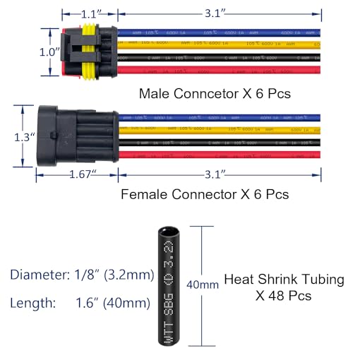 6 Kit 16 AWG 4 Pin Connector Car Waterproof Wire Connectors 4 Pin Automotive Electrical Connectors Quick Disconnect 4 Way Wire Terminal Connector Plug and Heat Shrink Tubing Kit - size: 4pin