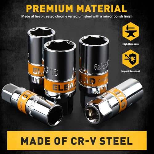 ELEAD 6-Piece 3/8" Drive Spark Plug Socket Set with Spark Plug Gapper, SAE & Metric, 5/8", 3/4", 13/16", 14mm, 18mm, CR-V Sockets with Rubber Holding Rings - size: 6-Piece Spark Plug