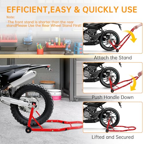 Heavy Duty Motorcycle Lift Stand Set, Front & Rear Wheel Paddock Stand with Adjustable Prong A dapter+L Swingarm Spool, 900 Lb Capacity for Bike Maintenance & Repairs, Red - color: Red