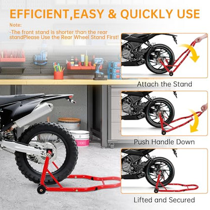 Heavy Duty Motorcycle Lift Stand Set, Front & Rear Wheel Paddock Stand with Adjustable Prong A dapter+L Swingarm Spool, 900 Lb Capacity for Bike Maintenance & Repairs, Red - color: Red