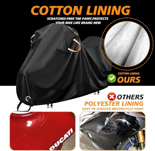 Motorcycle Cover Waterproof Outdoor,Scratch-Proof Cotton Fleece Lining | Weatherproof Moped Scooter and Dirt Bike Storage Cover,with Secure Buckles,Air Vents,Lock Holes,Storage Bag,86.6x37x50 - size: 86.6Lx37Wx50H Inch(with cotton)