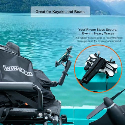 Kayak Phone Mount with Clamp Ball Base, 360° Adjustable Marine Grade Aluminum Holder with 6.7" Long Arm, for Fishing Boat and Motorcycle, Suitable for Bars and Rails with 0.71"-1.61" Diameter