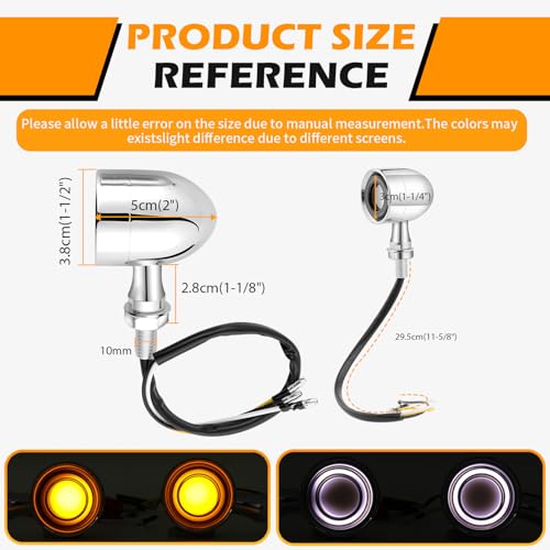 DREAMIZER Motorcycle Led Turn Signal Lights 2pcs,Bullet Blinker Motorcycle Front Rear Lights W/Running Light Universal Compatible with Harley Honda Suzuki Triumph Yamaha Bobber Cafe Racer Chopper - color: A-Front/Chrome shell + yellow-white light