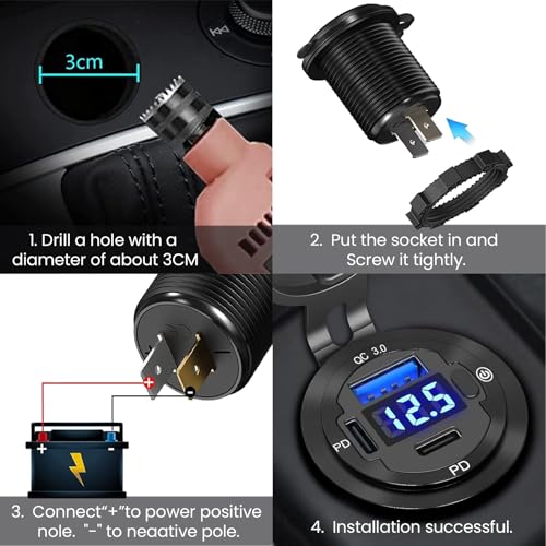 12V USB Car Socket, 3-Port Marine Aluminum USB Quick Charge Waterproof Cigarette Round USB C 12V Outlet for Car Golf Cart Boat Marine Bus Truck RV Marine Motorcycle etc(2PD+1QC(1Pack)) - color: 2PD+1USB(1Pack)