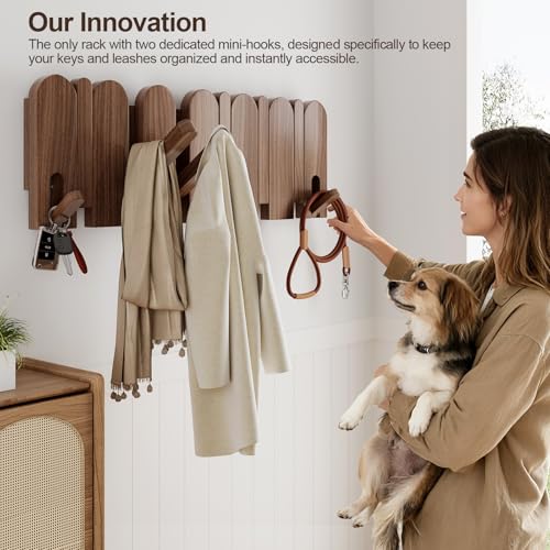 Walnut Wood Coat Rack Wall Mount,16.5" Wall Mounted Coat Rack with 8 Retractable Hangers,Heavy Duty Coat Hooks for Hanging Coats,Hats,Towels,Bags,Key Holder for Entryway - color: Walnut