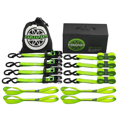 Motorcycle Tie Down Strap (4PK) - 2,100lb Break Strength Premium 15ft Ratchet Tie Down Straps Set, Soft Loop Ratchet Straps for Moving Appliances, Lawn Equipment, Cargo Straps for Trucks - color: Green, size: 2100lb - 15ft