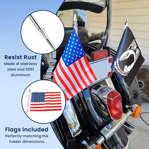 GUAIMI Motorcycle Flag Mount Double Flag Holder Motorcycle Flags (American Flag + POW MIA Flag)