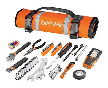 Tool 83 Piece Set with Roll-Up Pouch, Wrenches, Pliers, Work Light, Sockets, and Bits for Motorcycle, Car, Truck, ATV - 240119