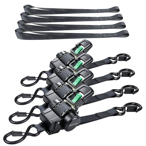 Retractable Ratchet Straps, 1" x 12' Heavy Duty Auto Self Retracting Ratchet Straps, Tie Down Straps for Trucks Trailer Car Motorcycle ATV UTV Kayak Boat（4 Pack） - size: 1"x12'-4pcs
