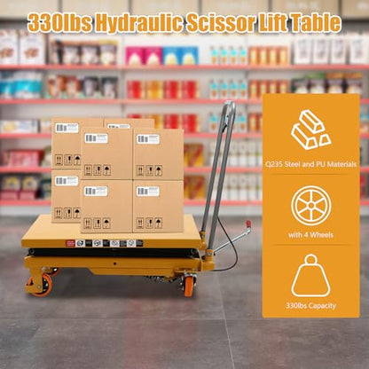 330lbs Capacity Hydraulic Scissor Lift Table with Locking 4 Wheels, Single Scissor Hydraulic Lift Table, Stable Motorcycle Scissor Jack Stand with 51in Max. Lift Height (45in Lift Height)