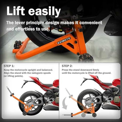 Sport Motorcycle Rear Stand,Paddock Stand, 360° Movable Lift Stand, Heavy Duty with Wheels, 880 lb Capacity (Orange, Double Arm)