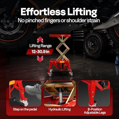 VIVOHOME 350 Lbs Heavy Duty Hydraulic Motorcycle Lift Jack, ATV Dirt Bike Foot Operated Scissor Stand Table with 4 Wheels and Removable Stopper, Red - color: Red
