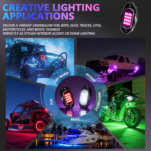 MONDEVIEW 8 Pods RGB LED Rock Lights for Jeeps Trucks Golf Carts & UTVs, Waterproof Underglow Kit with APP Control, Music Mode, 12V Underbody Neon Lights for Cars, ATV, RZR, SUV, Offroad Vehicles