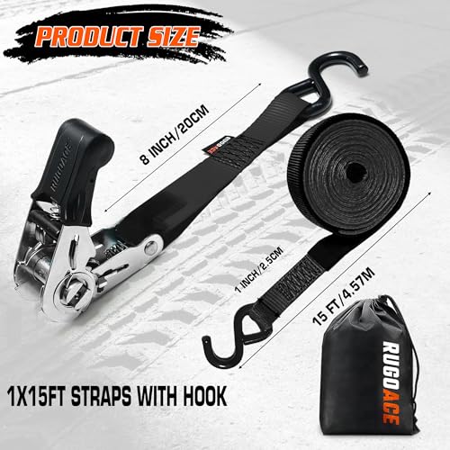 8-Pack Ratchet Tie Downs, 15Ft Heavy Duty Lashing Straps, 1800LBS Break Strength, Cargo Straps with Rubber Handle & S Hooks for Moving Appliances, Motorcycle, ATV, UTV, Truck Bed, Black - color: Black