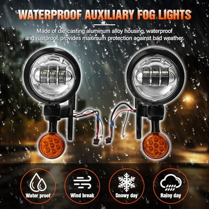 XFMT Motorcycle 4.5" Auxiliary Spot Fog Light LED Turn Signal Light W/Bracket For Harley Touring Road King 1994-Later Electra Glide 1997-Later Street Glide FLHX 2006-Later, Black + Chrome - color: Black + Chrome
