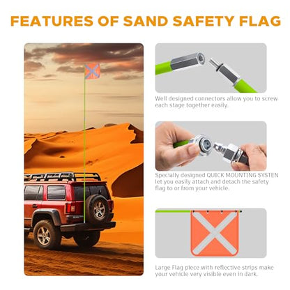Green Off-Road Safety Whip Flag - Heavy Duty Orange Flag with Reflective Stripes & Gray Pole for ATV, UTV, Dune Buggy, Can be 3.3', 6.6' or 10' - color: Green