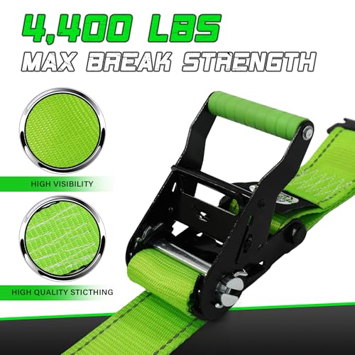 Heavy Duty Wheel Chock Tie Down Straps Set (4PK) - 4,400lb Guaranteed Max Break Strength, (2) 2" x 8' Trailer Tire Straps with (8) Wheel Chocks for ATV, UTV or Tractors - style: 4PK - Green