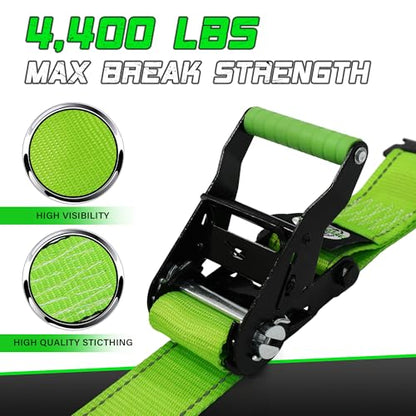 Heavy Duty Wheel Chock Tie Down Straps Set (4PK) - 4,400lb Guaranteed Max Break Strength, (2) 2" x 8' Trailer Tire Straps with (8) Wheel Chocks for ATV, UTV or Tractors - style: 4PK - Green