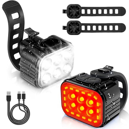 WORKPRO Bike Lights Set [8+13 Modes], Rechargeable Bicycle Light Set Ultra Bright, IP65 Waterproof Bike Lights for Night Riding, 1200mAh Bike Headlight and Tail Light Reflectors - color: Black