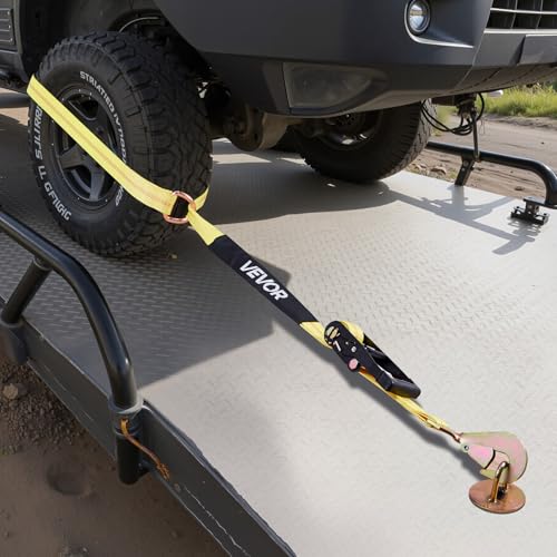VEVOR Wheel Chock Tie-Down Kit, Tire-Style Trailer Tie Down Strap, Car Tie Down Kit with Spring Hook, Break Strength 10009 lbs & Working Load 3333 lbs Motorcycle System for ATV, SUV, Trailer - style: Tire-Style with Spring Hook