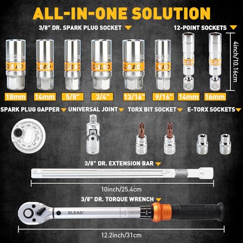 ELEAD 16-Piece Spark Plug Socket Set, 3/8" Drive Swivel Magnetic Spark Plug Removal Tool Kit with Torque Wrench (5–45 lb-ft), E-Torx & Torx Bit Sockets, Extensions & Universal Joint - size: 16-Piece Spark Plug