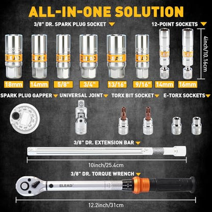 ELEAD 16-Piece Spark Plug Socket Set, 3/8" Drive Swivel Magnetic Spark Plug Removal Tool Kit with Torque Wrench (5–45 lb-ft), E-Torx & Torx Bit Sockets, Extensions & Universal Joint - size: 16-Piece Spark Plug