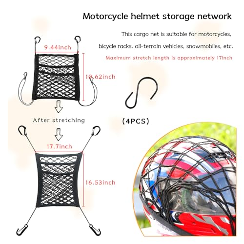Motorcycle Cargo Net for Helmet Storage, 9.4''×10.6'' High Elastic Triple Layer Bungee Net with 4 Hooks, Car Seat Mesh Storage Pocket, Luggage Strap Rack Expansion Organizer (4 Elastic Edges)