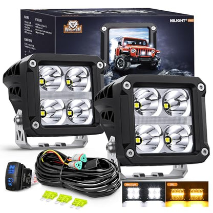 Nilight LED Pod Lights with Amber DRL 3.2 Inch Square 20W 2510LM Super Spot Beam w/ 16AWG Wiring Harness Kit Auxiliary Offroad Driving Ditch Light for Truck UTV ATV SUV 4x4 - color: 4LED Spot Pod w/ Amber DRL