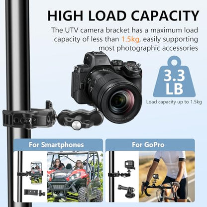 Chelhead Adjustable Phone Camera Holder, 1/4"-20 & 3/8"-16 Threads Universal Tube Mount Fits Up to 3'' Roll Bar Compatible with LED Lights, DSLR Camera, Gopro, Ronin-M, MOVI, Insta360, Tripod/Desk - style: For Camera & Phone
