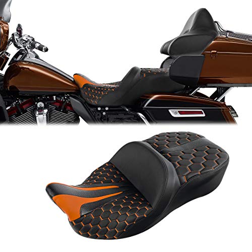C.C. RIDER Soft Motorcycle Passenger Seat - Bagger Comb Strapped 2-Up One-Piece Fit for Harley Touring Road King FLHR Street Glide FLHX Road Glide FLTRX Electra Glide FLHT 2009-2023 - color: Black+Orange