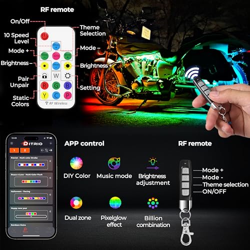22PCS Motorcycle Led Underglow Kit with Brake Turn Signal, Motorcycle RGB Lights with DITRIO APP/RF Remote Control, Dual Zone,12V Waterproof Pixelglow Effects for Motorcycles, Golf Carts,UTVs, Boats - size: 22 PCS(New 3 Control Mode)