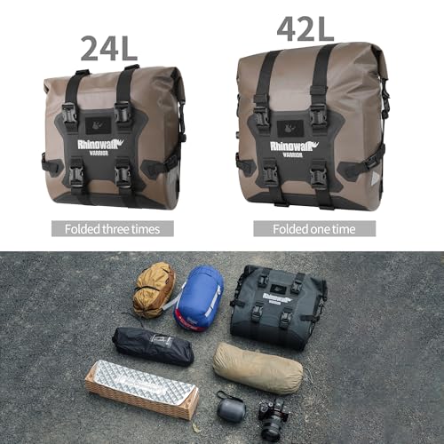 Rhinowalk Motorcycle Saddle Bag Waterproof Side Bag 24-42L, PVC Roll-Top Side Luggage with Magnetic Closure, Lightweight Rear Rack Pannier Bag with Reflective Logo (Black, 1pair) - color: Black 24L, 2pc