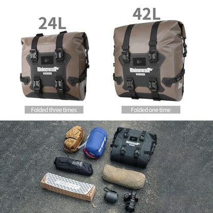 Rhinowalk Motorcycle Saddle Bag Waterproof Side Bag 24-42L, PVC Roll-Top Side Luggage with Magnetic Closure, Lightweight Rear Rack Pannier Bag with Reflective Logo (Brown, 1pair) - color: Brown 24L, 2pc