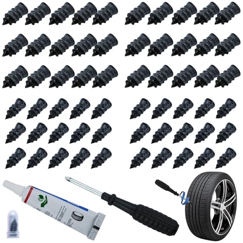 60Pcs Tire Repair Kit: Screw Type Rubber Nail Plugs for Tubeless Tires - Quick Puncture Fix with Tire Glue for Car, Motorcycle, Truck, ATV, UTV, Tractor - No Jack or Tire Removal - color: 60 Pcs