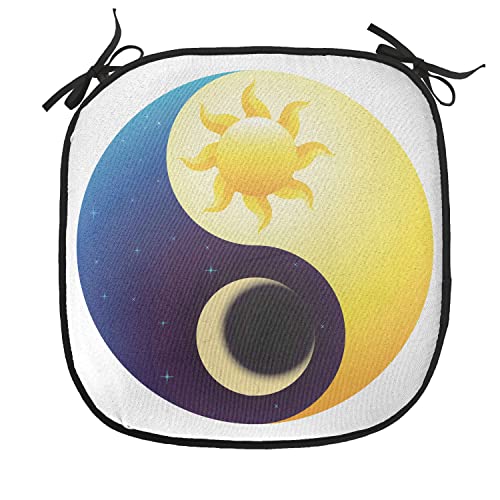 Lunarable Ying Yang Chair Cushion Pad, Sun and Moon Night and Day Stars Astrology Themed Illustration, Seat Padding for Kitchen & Patio with Anti-Slip Backing, 16"x16", Blue and Yellow - color: Blue and Yellow, size: Pack of 1