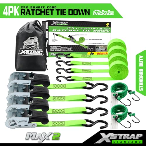 XSTRAP STANDARD 4 Pack 1" x 15Ft Ratchet Tie Down Straps - 500Lbs Load Cap, 1500Lb Break Strength, Includes 2 Bungee Cords for Moving Appliances & Motorcycle, Green - style: 4pk 1inchx15ft 1500lbs green with 2 Bungee Cord