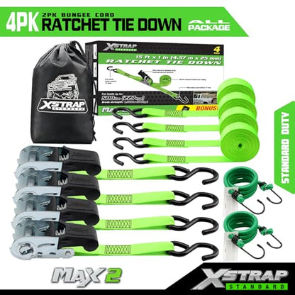 XSTRAP STANDARD 4 Pack 1" x 15Ft Ratchet Tie Down Straps - 500Lbs Load Cap, 1500Lb Break Strength, Includes 2 Bungee Cords for Moving Appliances & Motorcycle, Green - style: 4pk 1inchx15ft 1500lbs green with 2 Bungee Cord