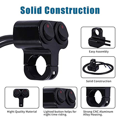 Stylemafia Waterproof Motorcycle ATV 7/8″ Light Bar Switch，Handlebar Double Control Kill Button Switch，Headlight Spotlights Hazard Brake Fog Light ON Off Switches 12v 16A (Black) - color: black, size: Double head B